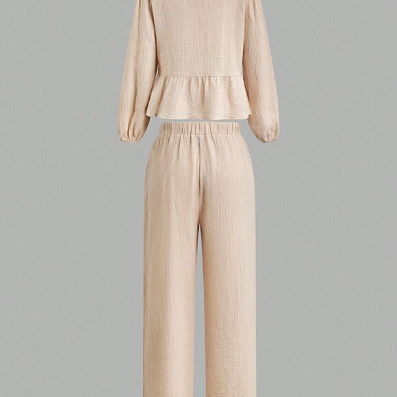 Apricot Casual Women's Lantern Sleeve Tie Waist Top & High Waist Pants Set - Picture 8 of 8